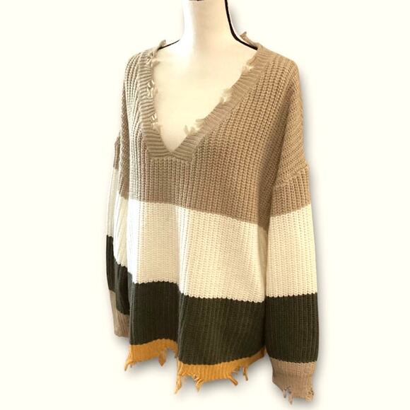 Derek Heart Scarecrow Knit Sweater Women's 3X V-neck Neutrals Color Block - Picture 2 of 11